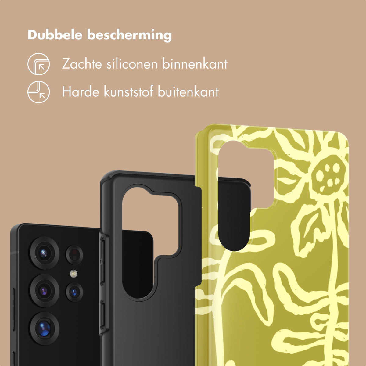 Tre custodie per telefono su sfondo beige: nera, nera con ritaglio, gialla con motivo floreale.