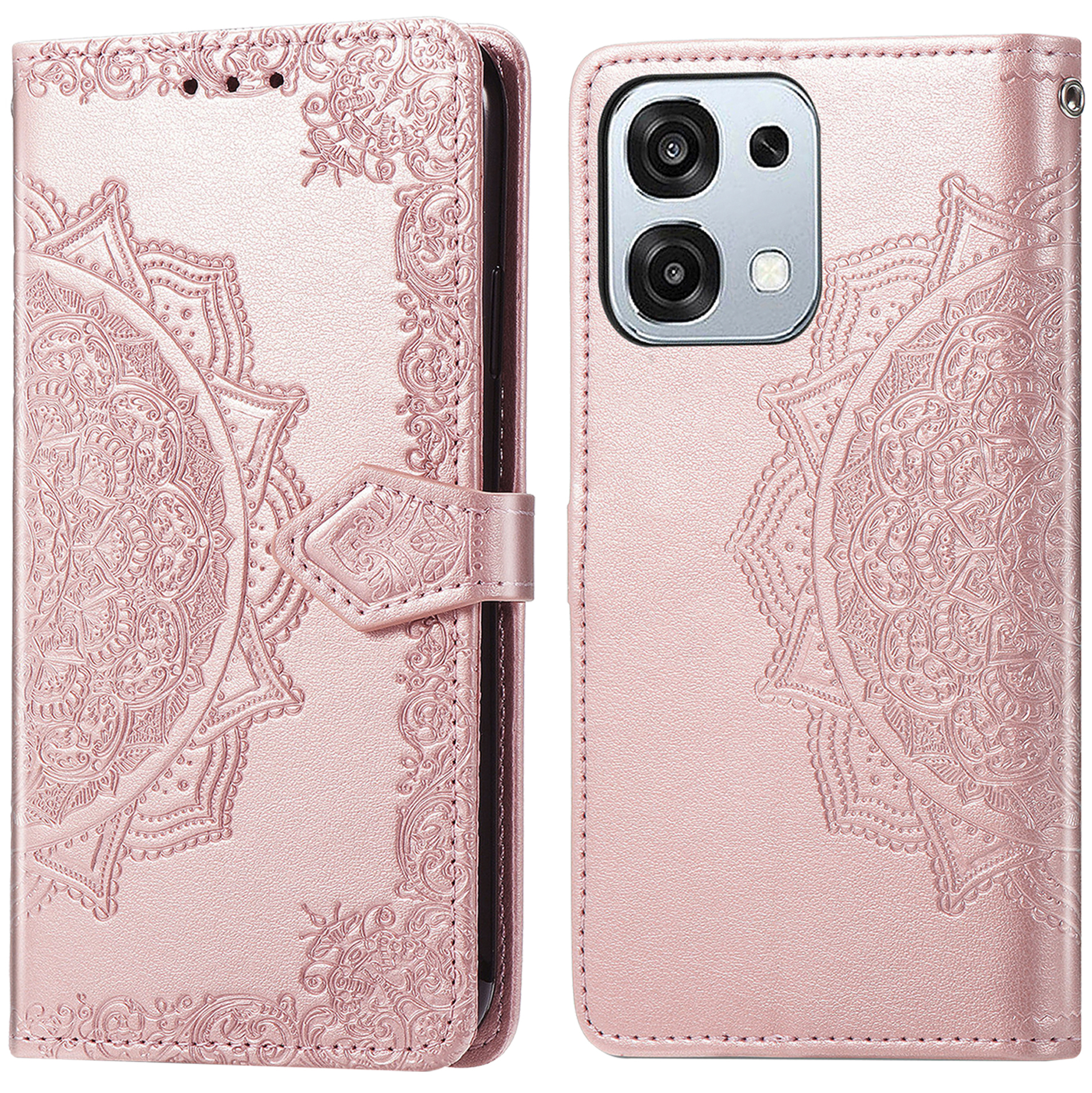 Une coque de téléphone rose à mandala avec découpe pour appareil photo.