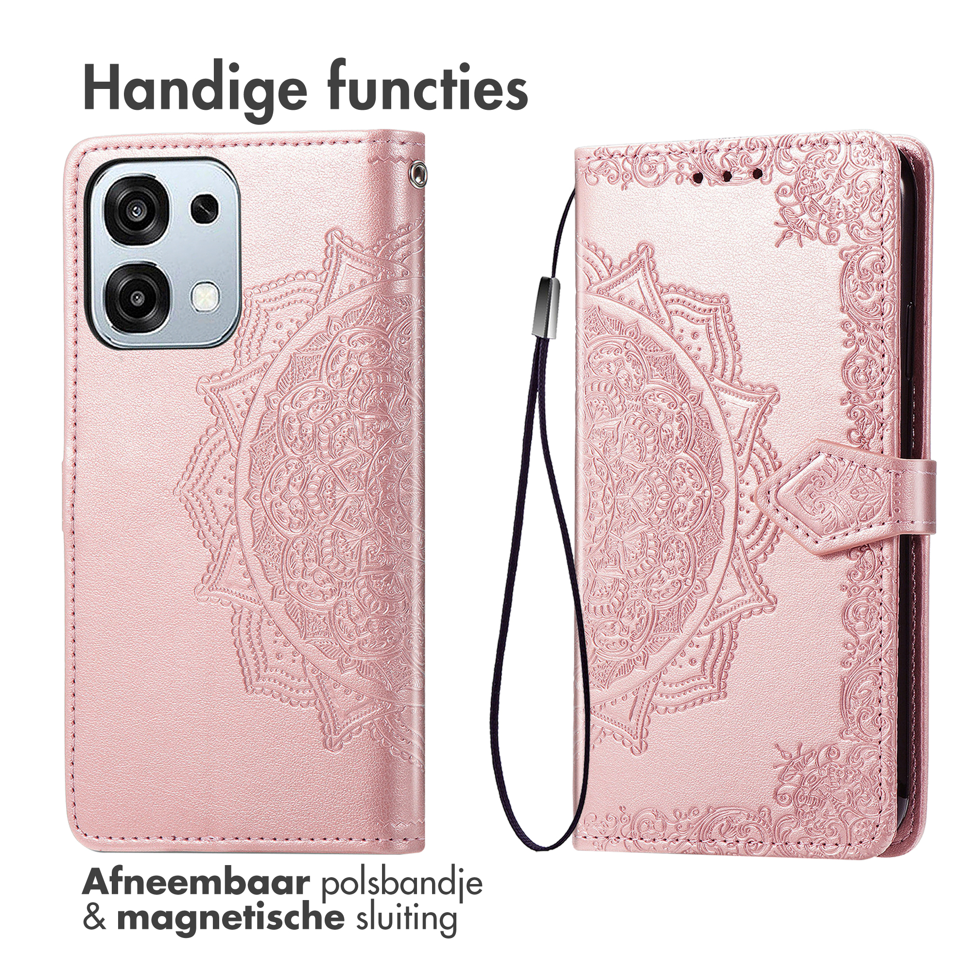Un étui de téléphone rose avec motif mandala et dragonne.