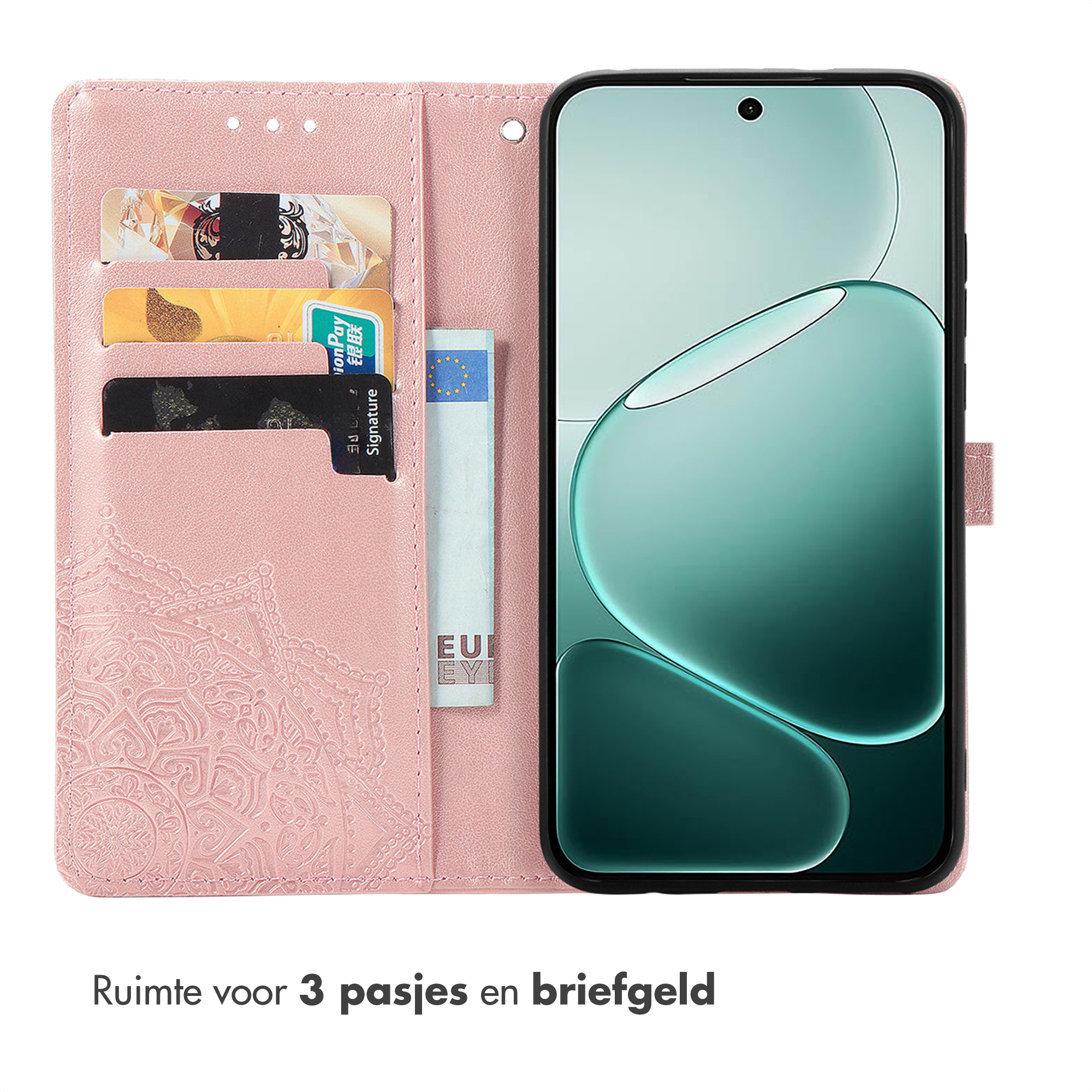 Un étui de téléphone rose avec des fentes pour cartes et un compartiment.