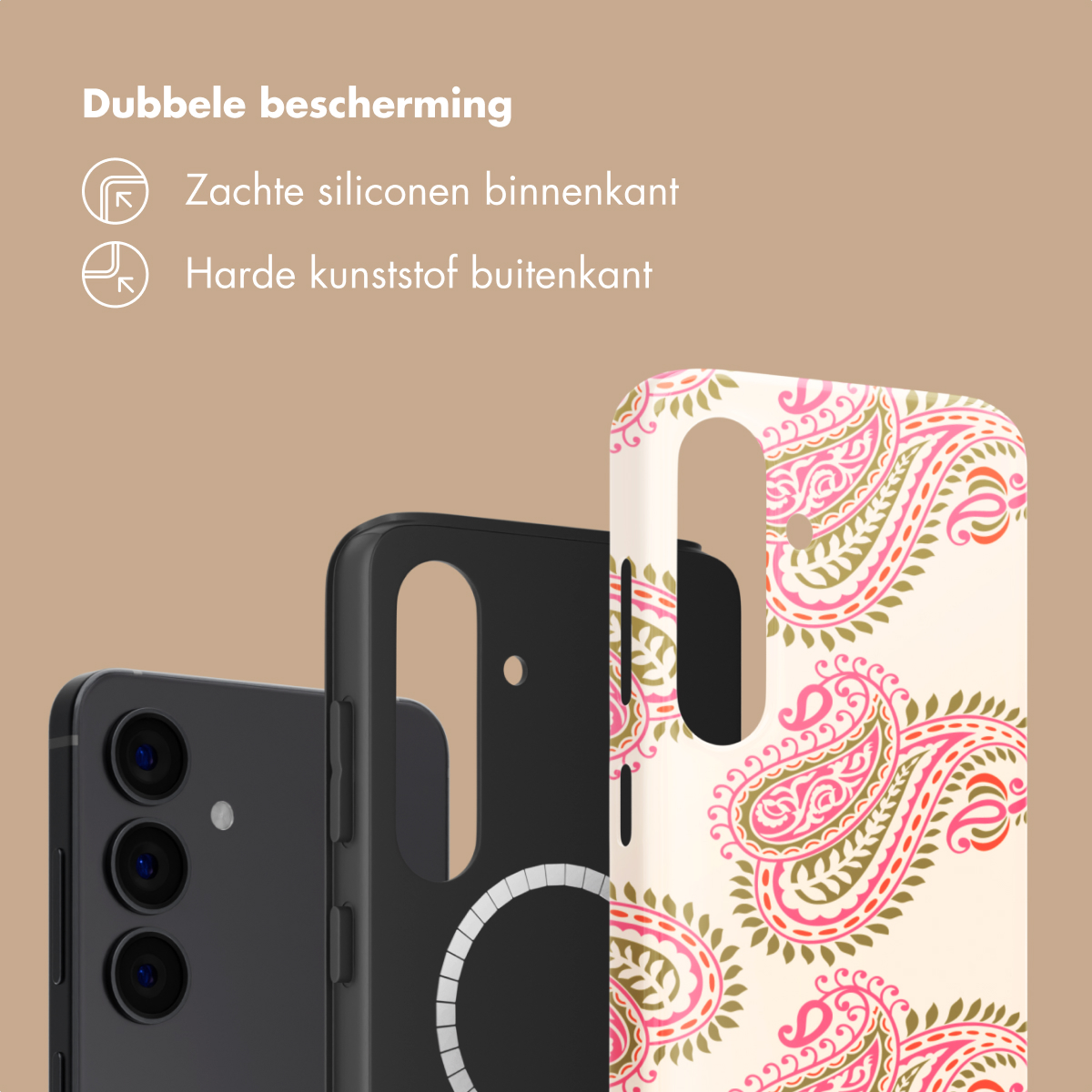 Trois coques de téléphone : noire, noire avec cercle blanc, crème à motif cachemire.