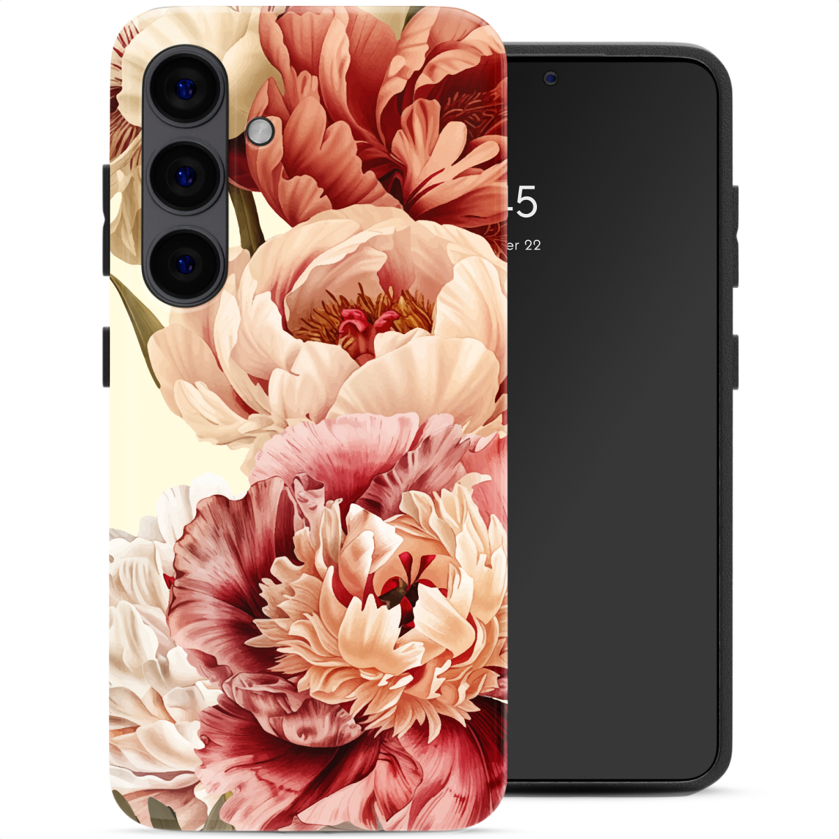 Un smartphone avec un étui décoré de pivoines rouges et crème.