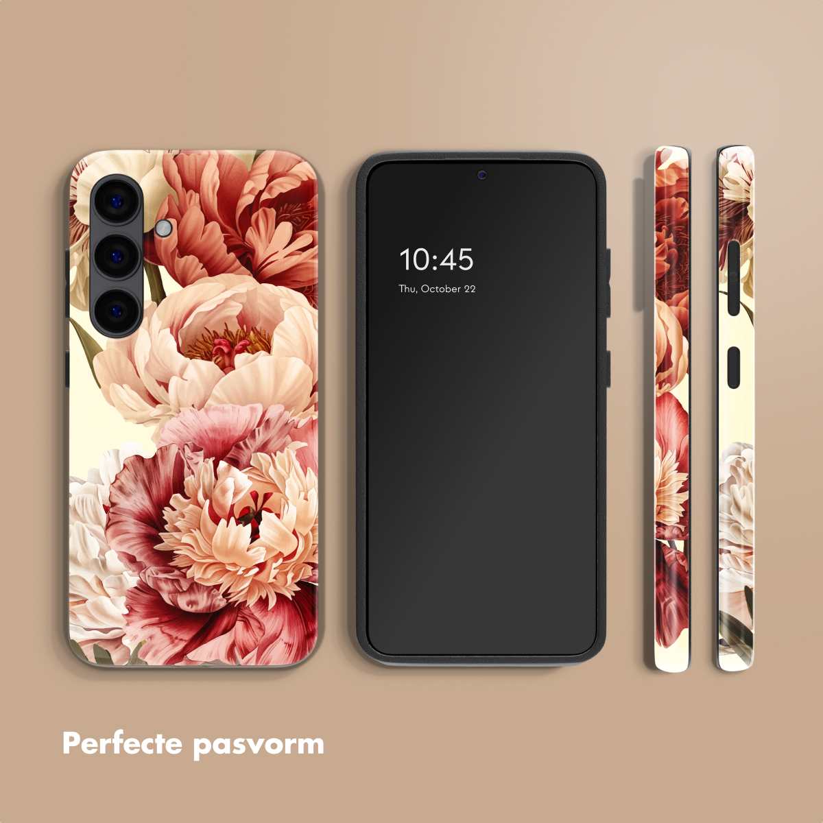 Une coque de téléphone à motif floral à côté d'un smartphone et de deux autres coques.