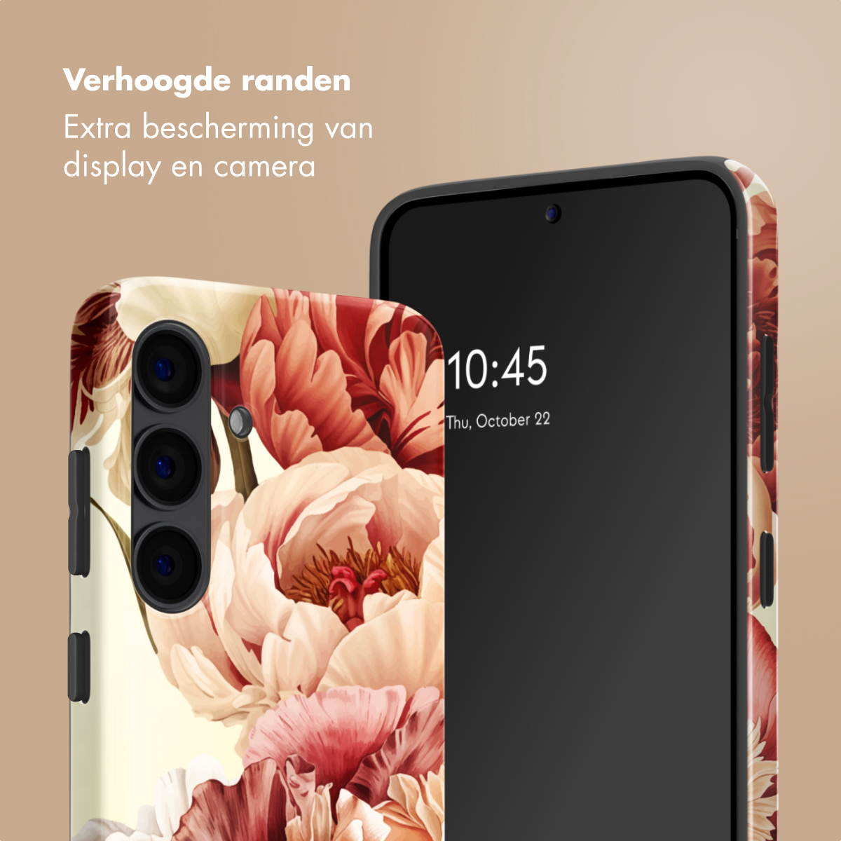 Uno smartphone con cover floreale, con bordi rialzati per la protezione del display.