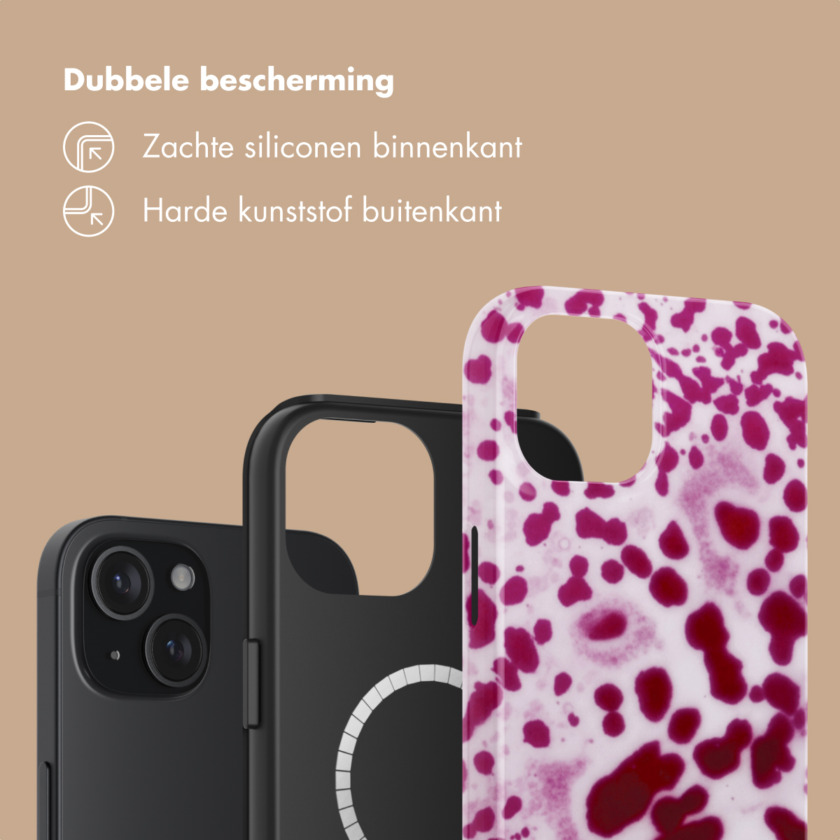 Drie telefoonhoesjes: een zwarte, een zwarte met MagSafe, een met patroon.