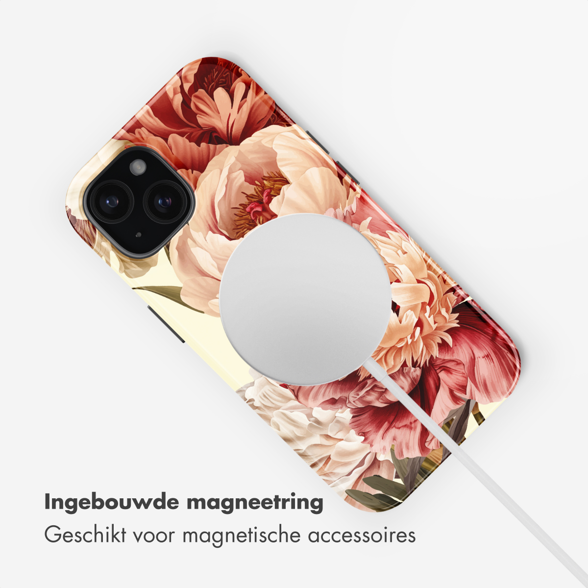 iPhone hoesje met bloemenpatroon en magnetische oplaadcirkel.