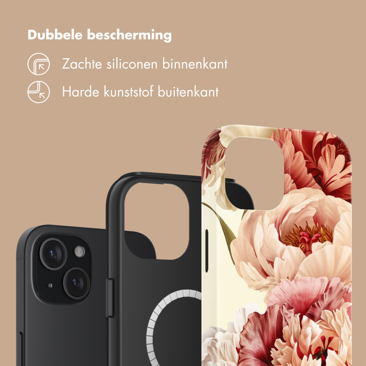 Twee telefoonhoesjes: één zwart, één met bloemenpatroon.