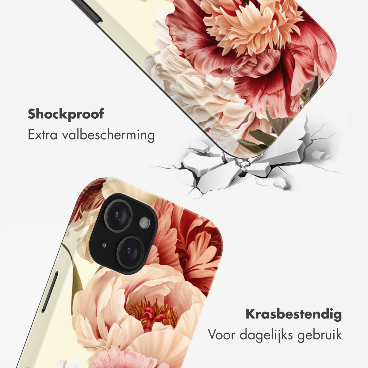 Telefoonhoesje met pioenrozenpatroon. Schokbestendig en krasbestendig.