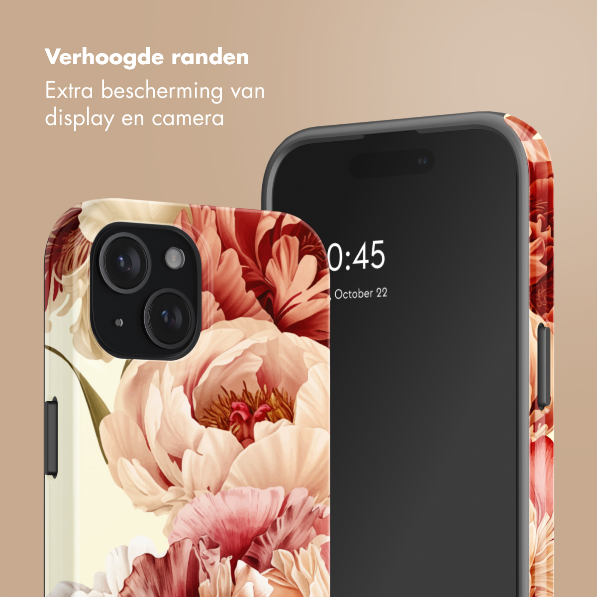 Een smartphone met bloemenhoes en verhoogde randen.