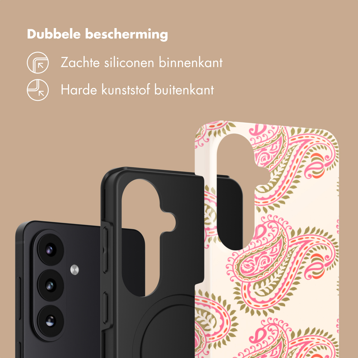 Een zwarte smartphone en twee telefoonhoesjes met paisleyprint.