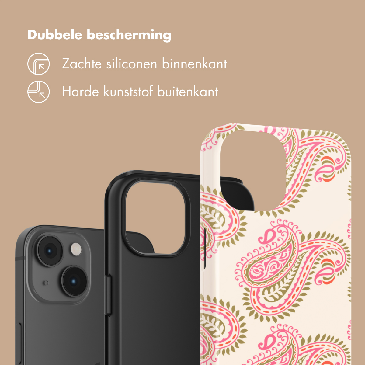 Uno smartphone con una custodia nera e una fantasia.