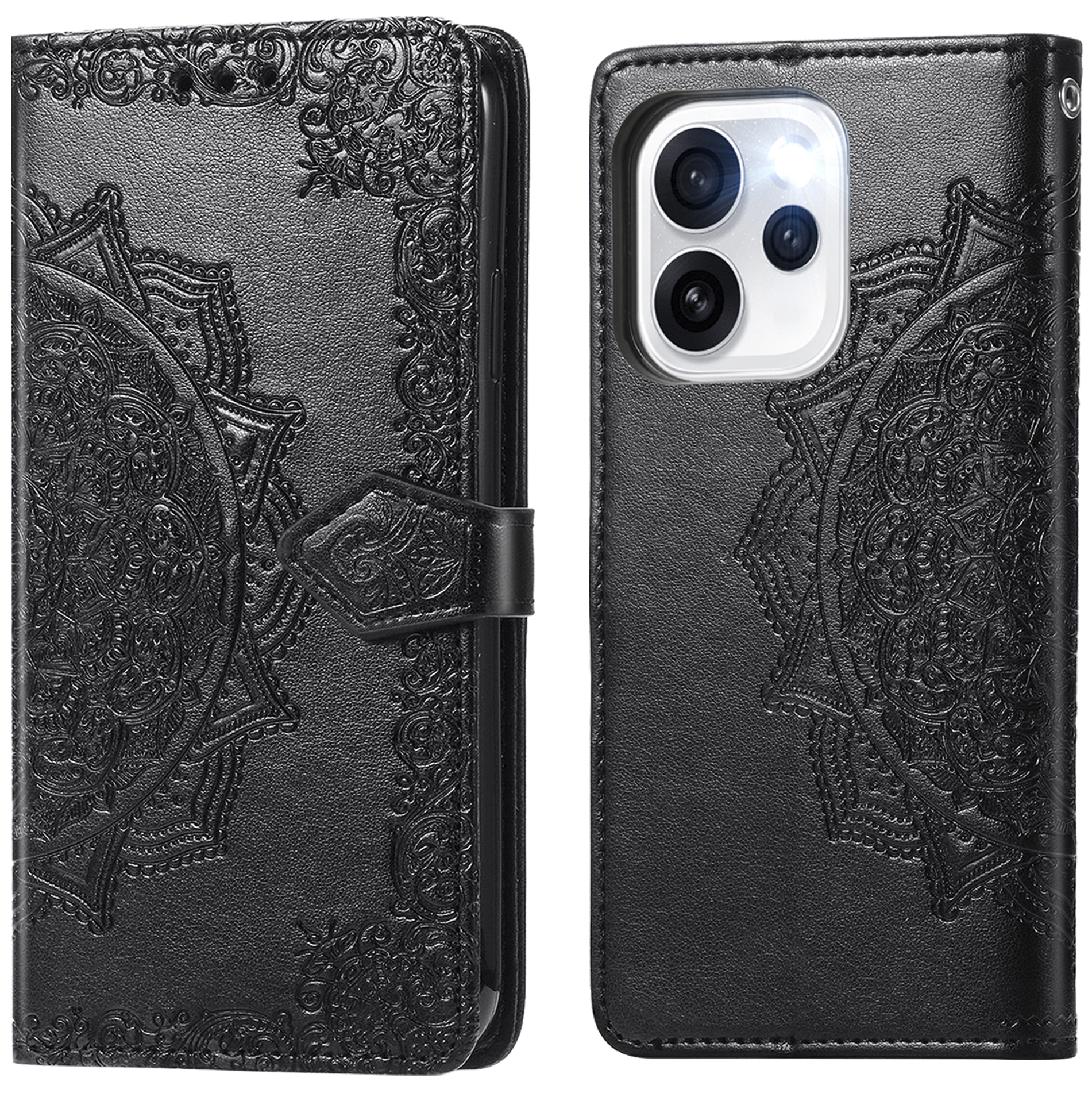 Zwart hoesje met mandala-reliëf en camera-uitsparingen.