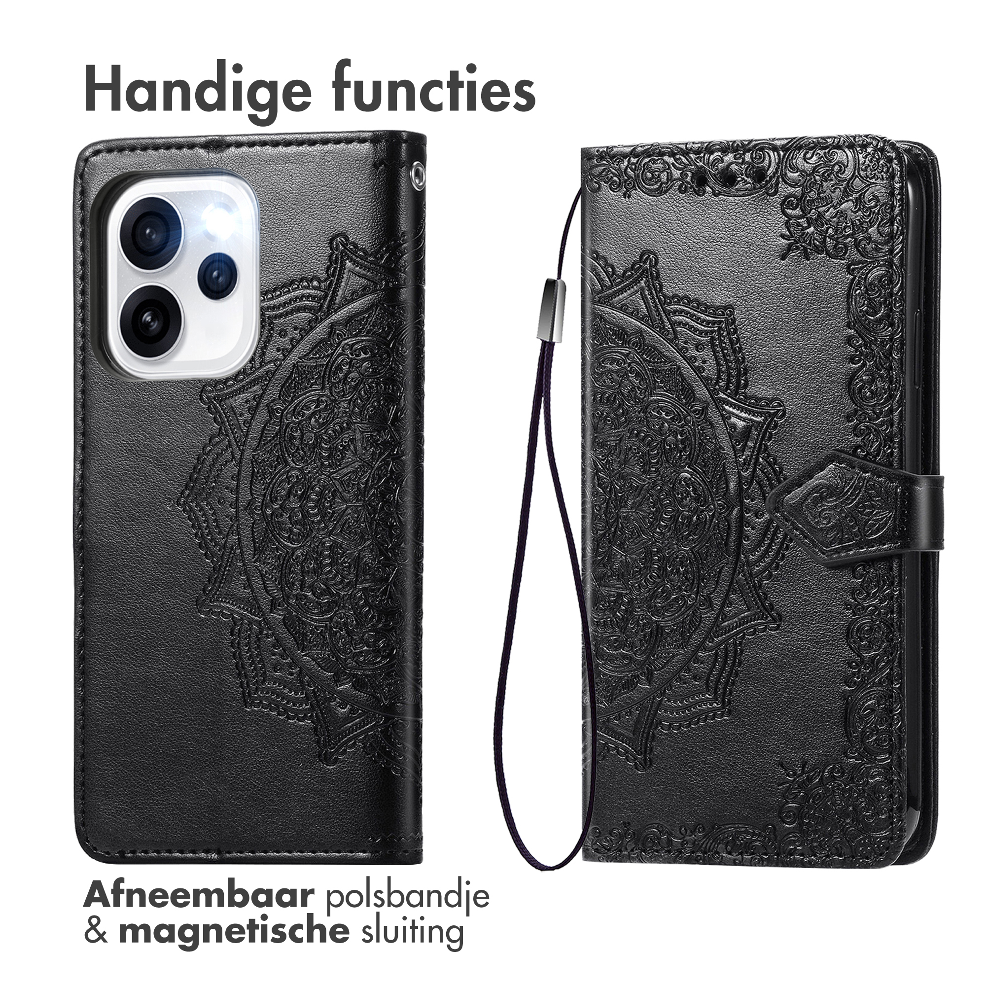 Zwarte lederen telefoonhoes met reliëf mandala en afneembare polsband.