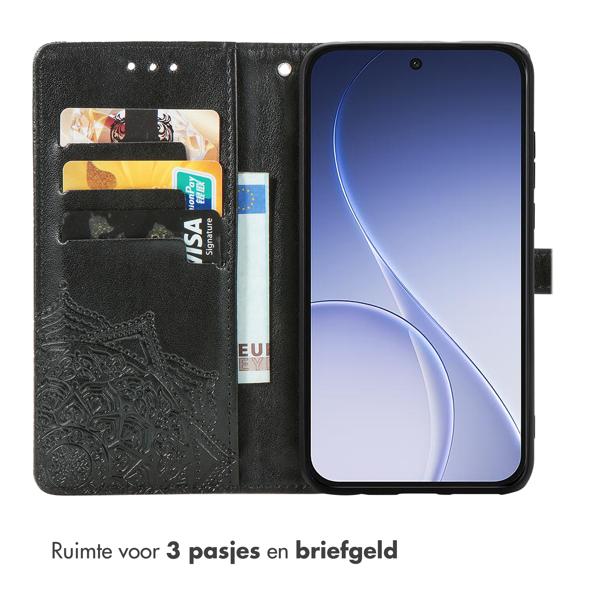 Zwart telefoonhoesje met kaarthouders en geldvak.