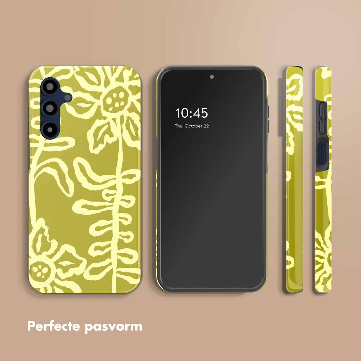 Uno smartphone con cover a fantasia floreale gialla su sfondo verde oliva.