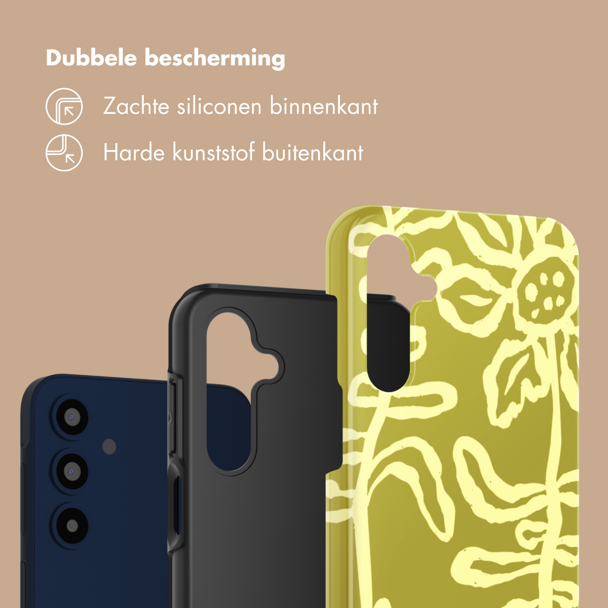 Tre custodie per telefono: blu scuro, nero e giallo con motivo floreale.
