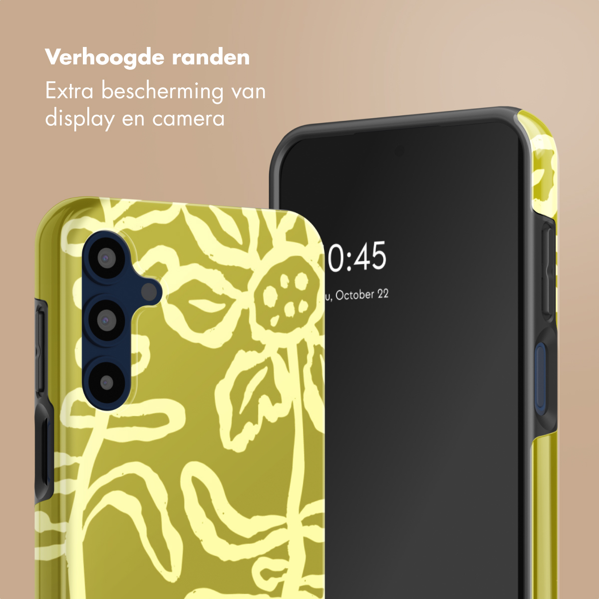 Una custodia gialla per telefono con motivo floreale accanto a uno smartphone.