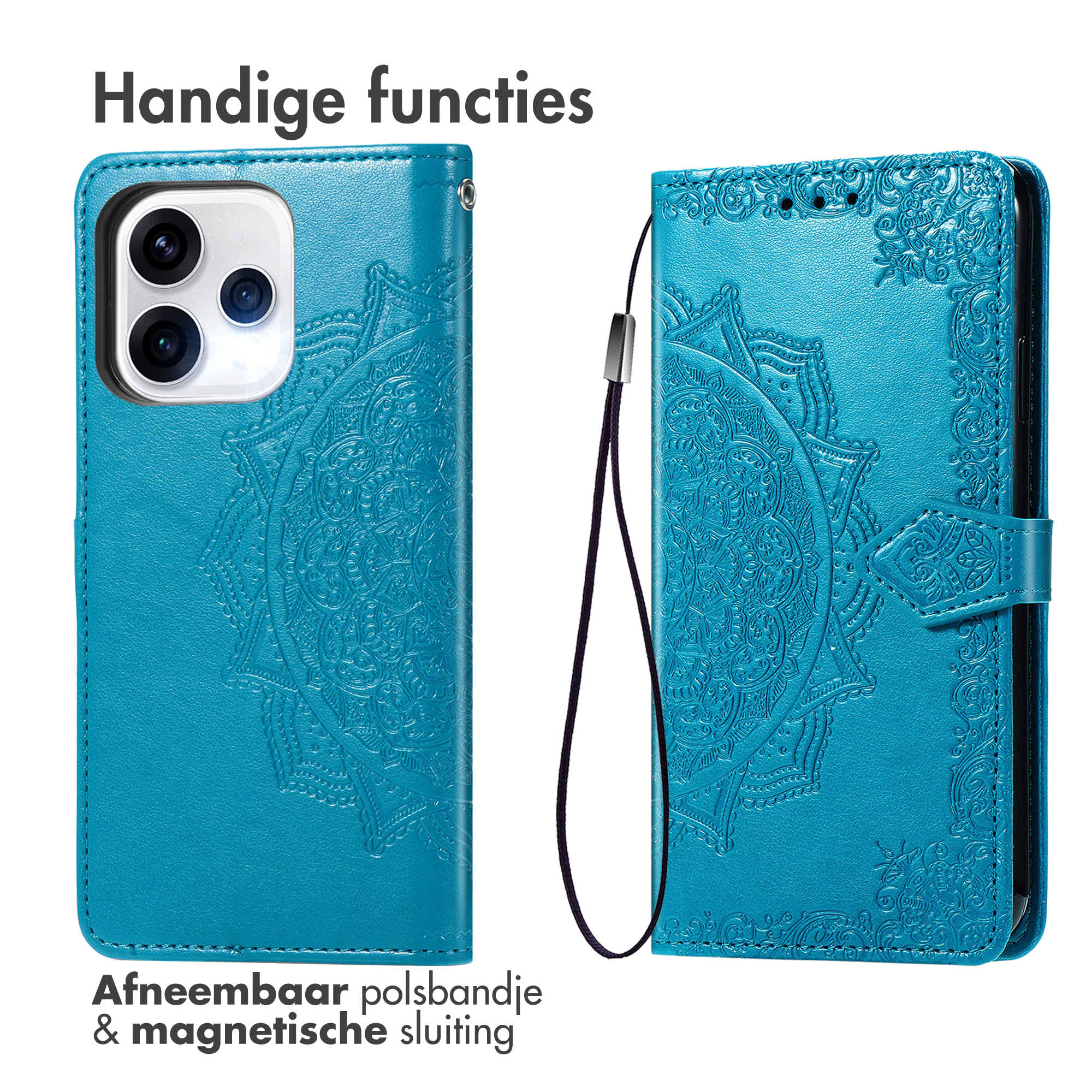 Custodia blu per telefono con mandala in rilievo e cinturino.