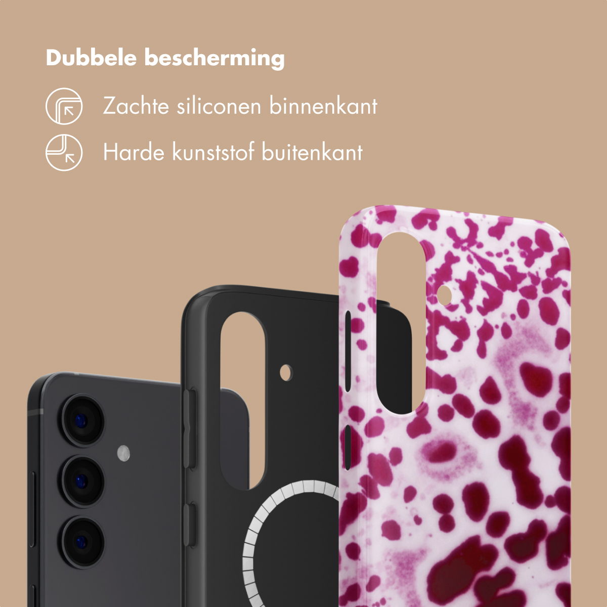Trois coques de téléphone sur fond beige. Une noire, une noire avec anneau blanc et une colorée.