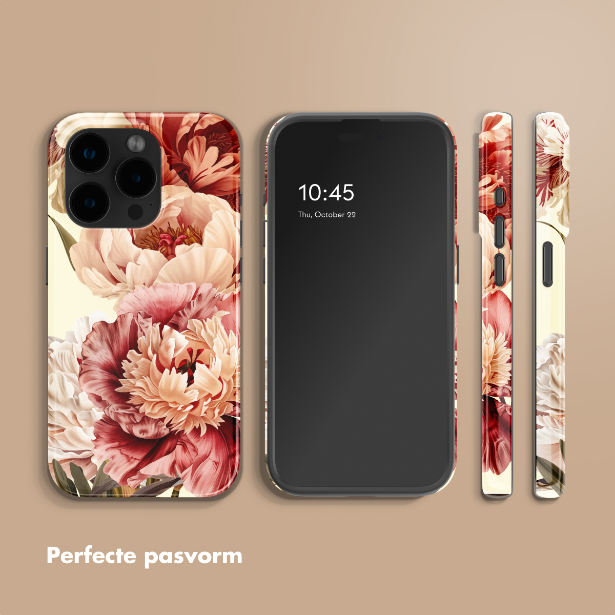 Custodia per iPhone con motivo floreale, accanto un iPhone con schermo scuro.