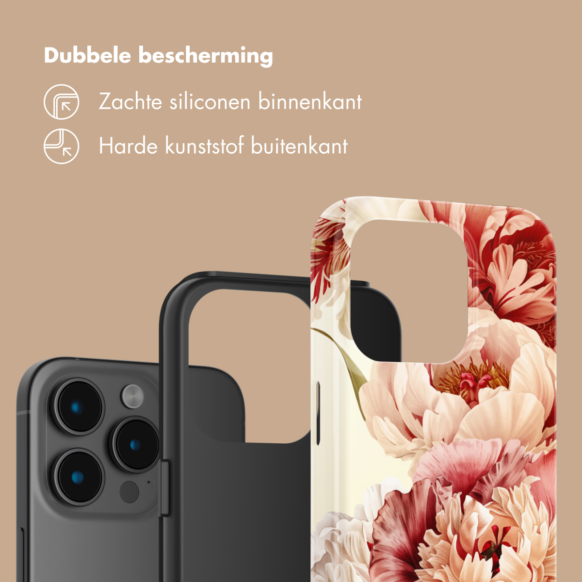 Telefono grigio con custodia floreale. Doppia protezione: silicone morbido interno, plastica dura esterna.