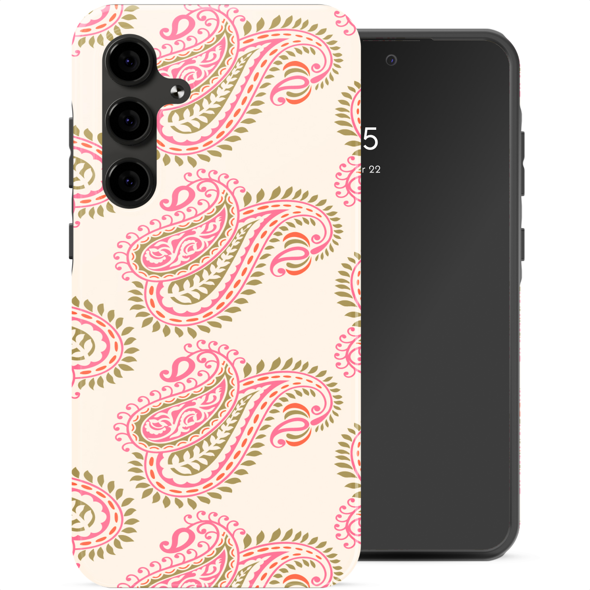 Una cover per telefono color chiaro con motivo cachemire rosa e verde.