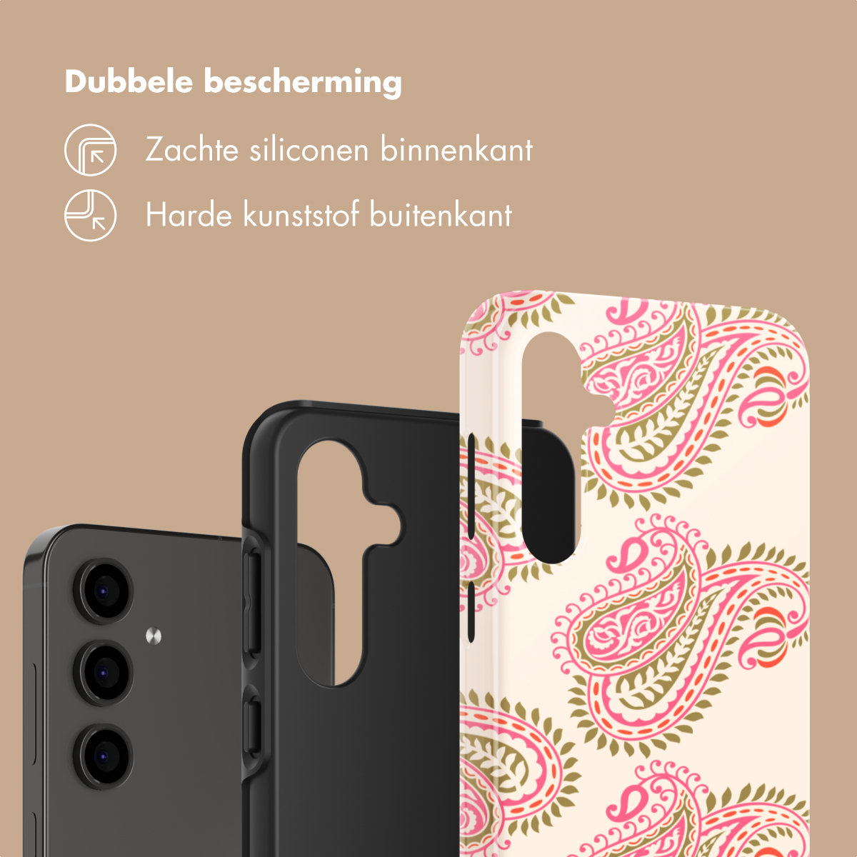 Uno smartphone con custodia nera e una custodia con fantasia paisley.