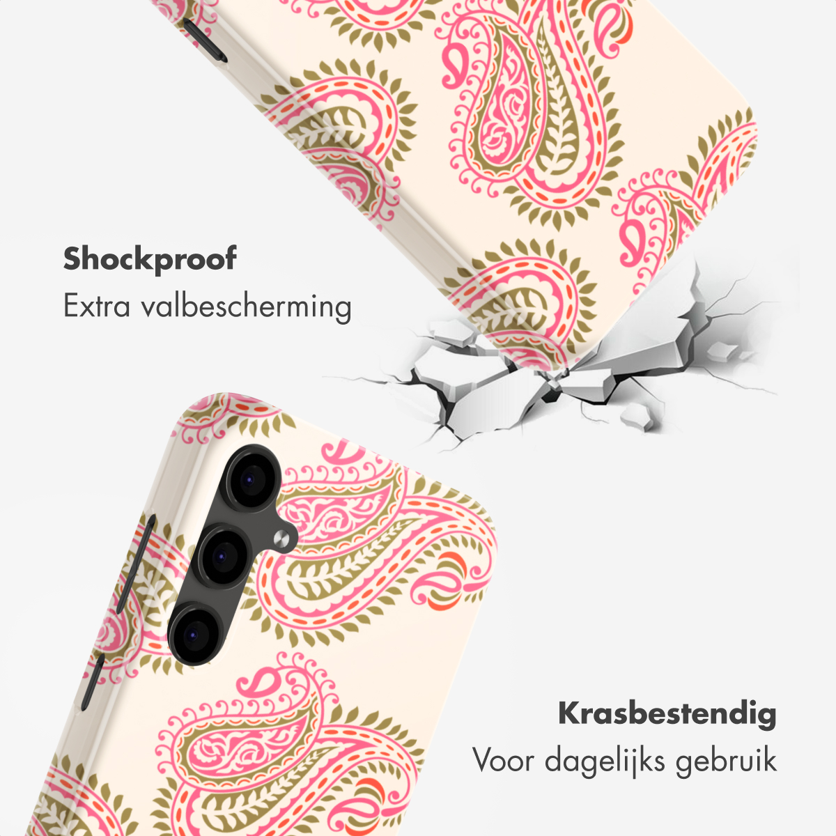 Una cover per telefono con motivo cachemire beige, rosa e verde sfonda il pavimento.