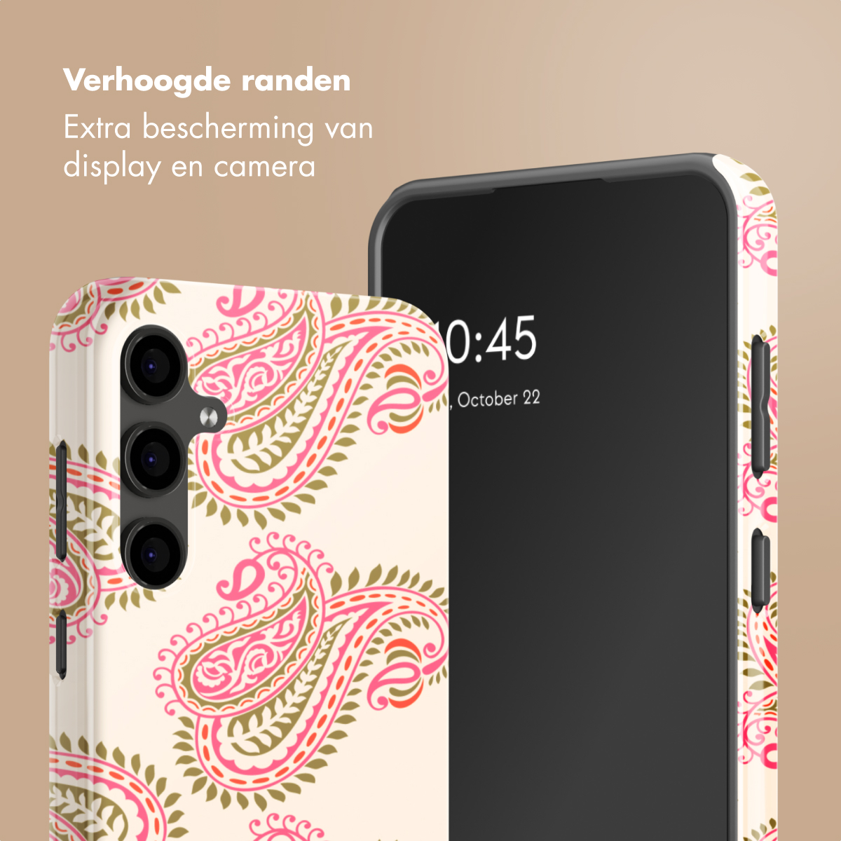 Una custodia per telefono con motivo paisley rosa e verde su sfondo crema.