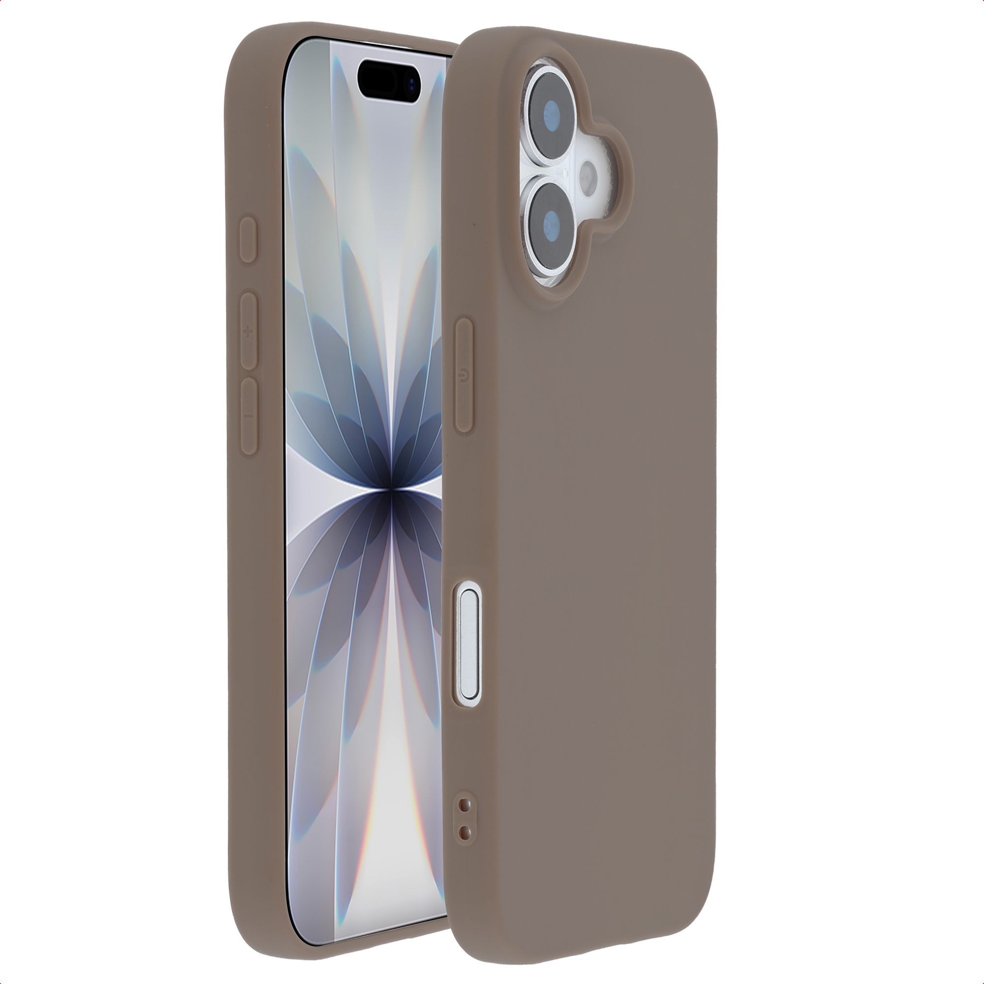 Coque de téléphone marron avec deux caméras, smartphone à gauche fond clair.