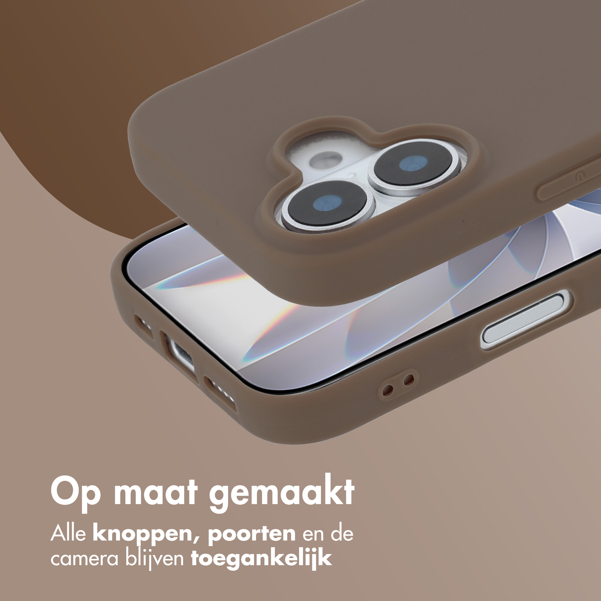Coque de téléphone marron sur un smartphone avec module caméra et écran.