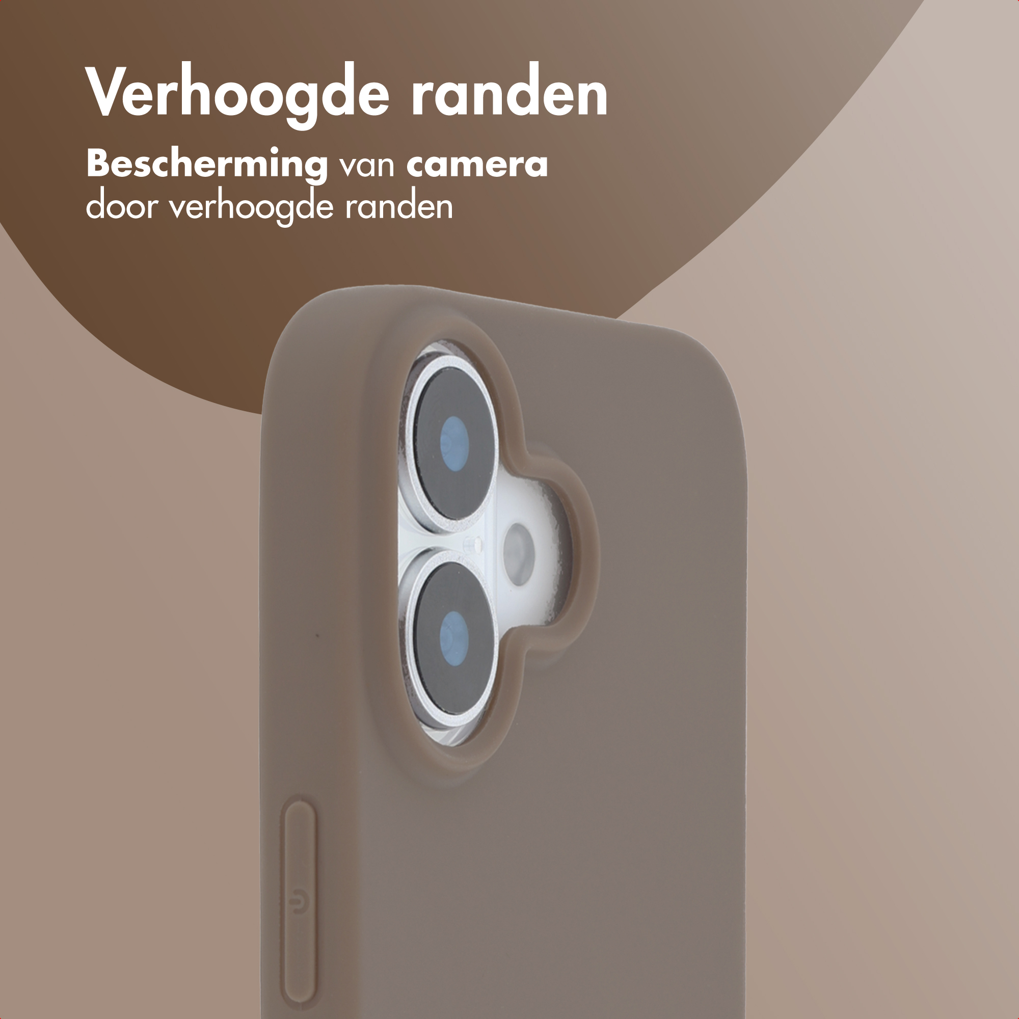Coque de téléphone marron avec protubérance de caméra surélevée et bouton latéral.