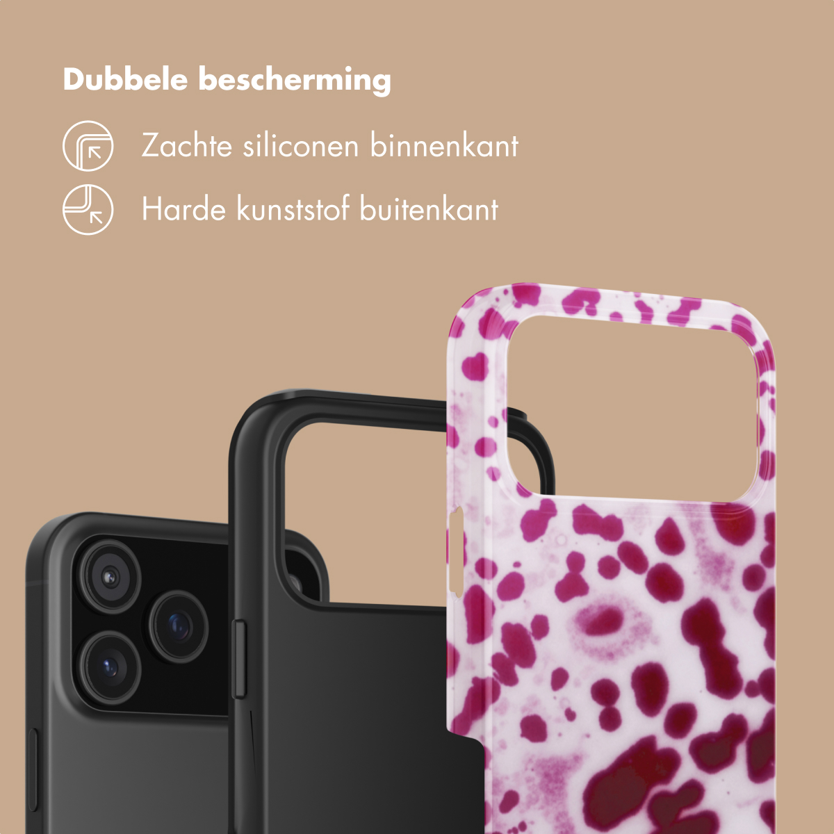 Drie telefoonhoesjes: twee zwarte, één met roze vlekkenpatroon.