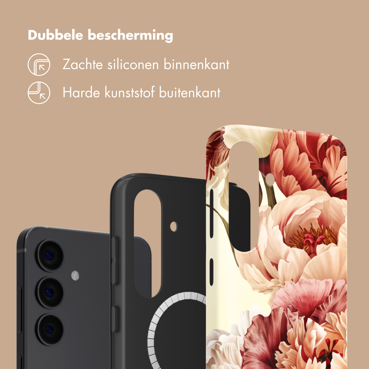 Deux coques de téléphone : une noire et une à fleurs.