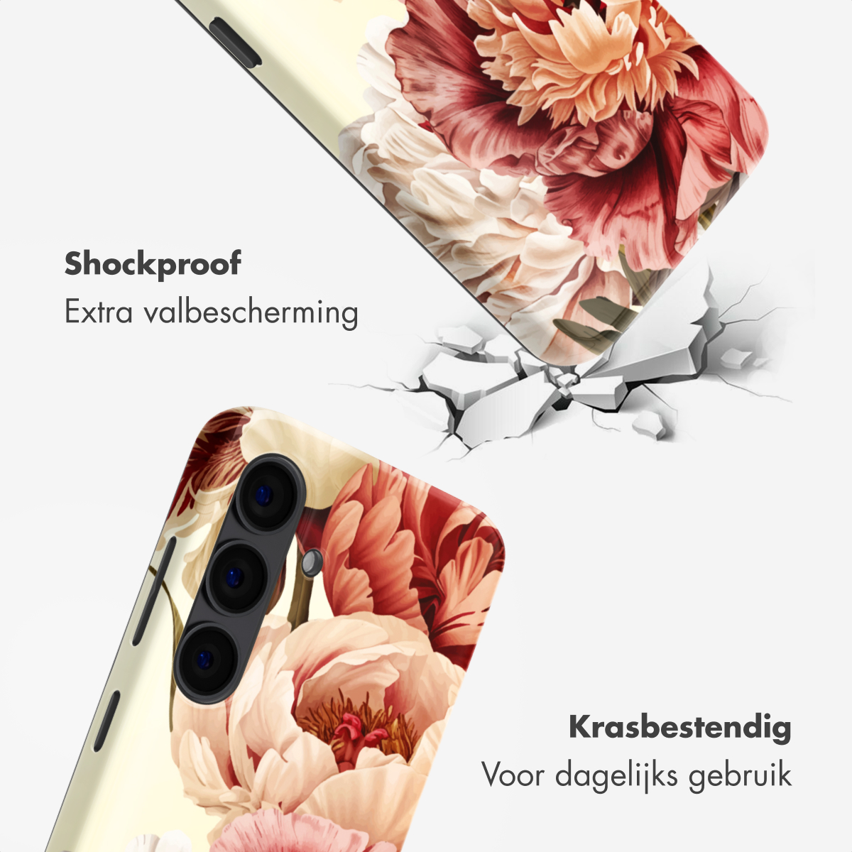 Coque avec imprimé floral, simulant une chute. Antichoc et résistant aux rayures.
