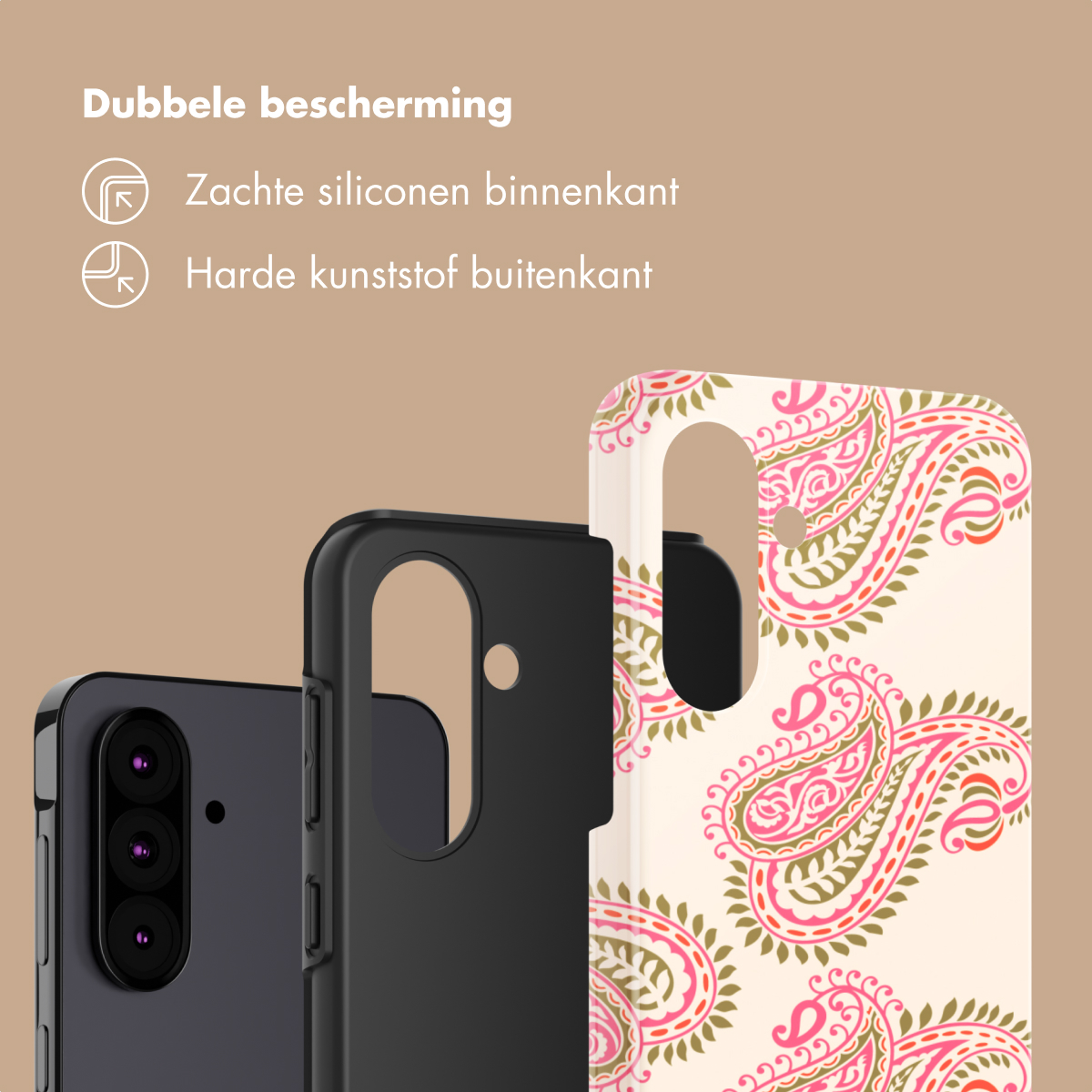 Uno smartphone con custodia nera e un'altra custodia con motivo paisley.