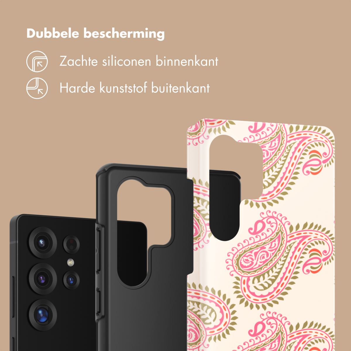Un telefono nero con tre fotocamere, una custodia nera e una custodia fantasia.