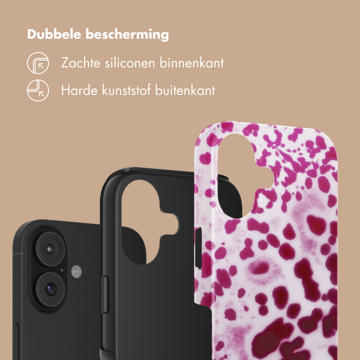 Custodia nera per telefono con silicone morbido e plastica dura, con motivo.