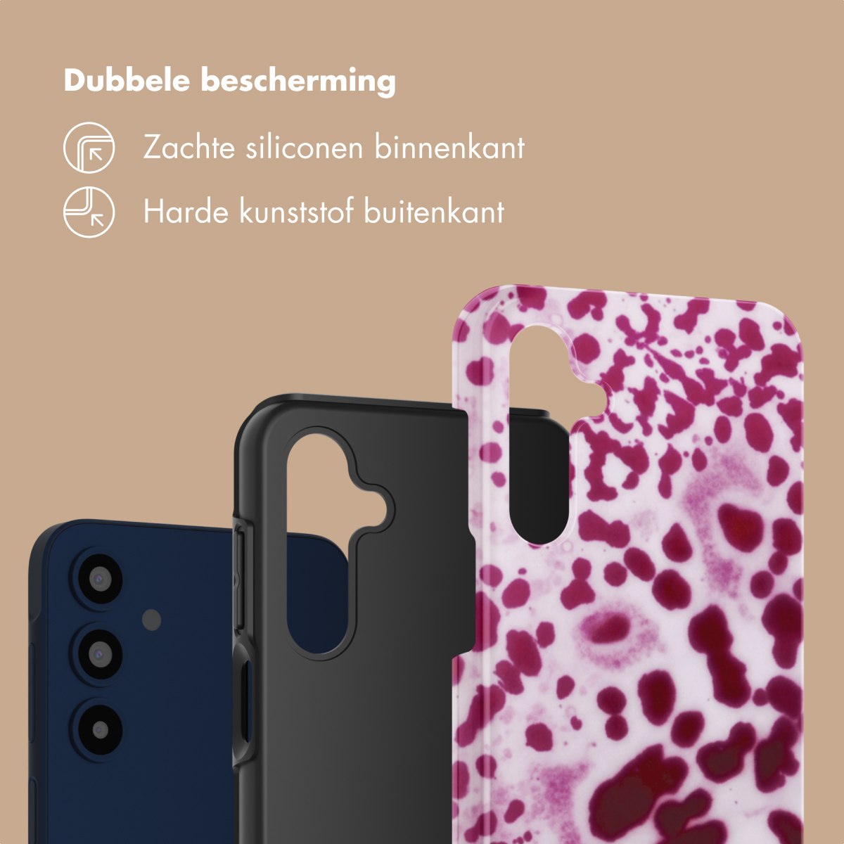 Tre custodie per telefono: blu navy, nero e fantasia. Testo sulla protezione.