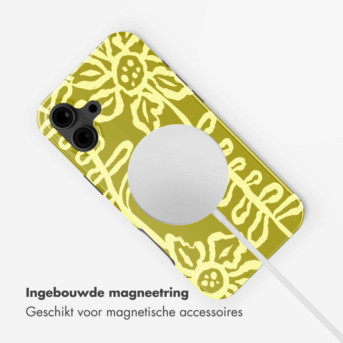 Una cover per telefono verde oliva con motivo floreale giallo e anello magnetico.