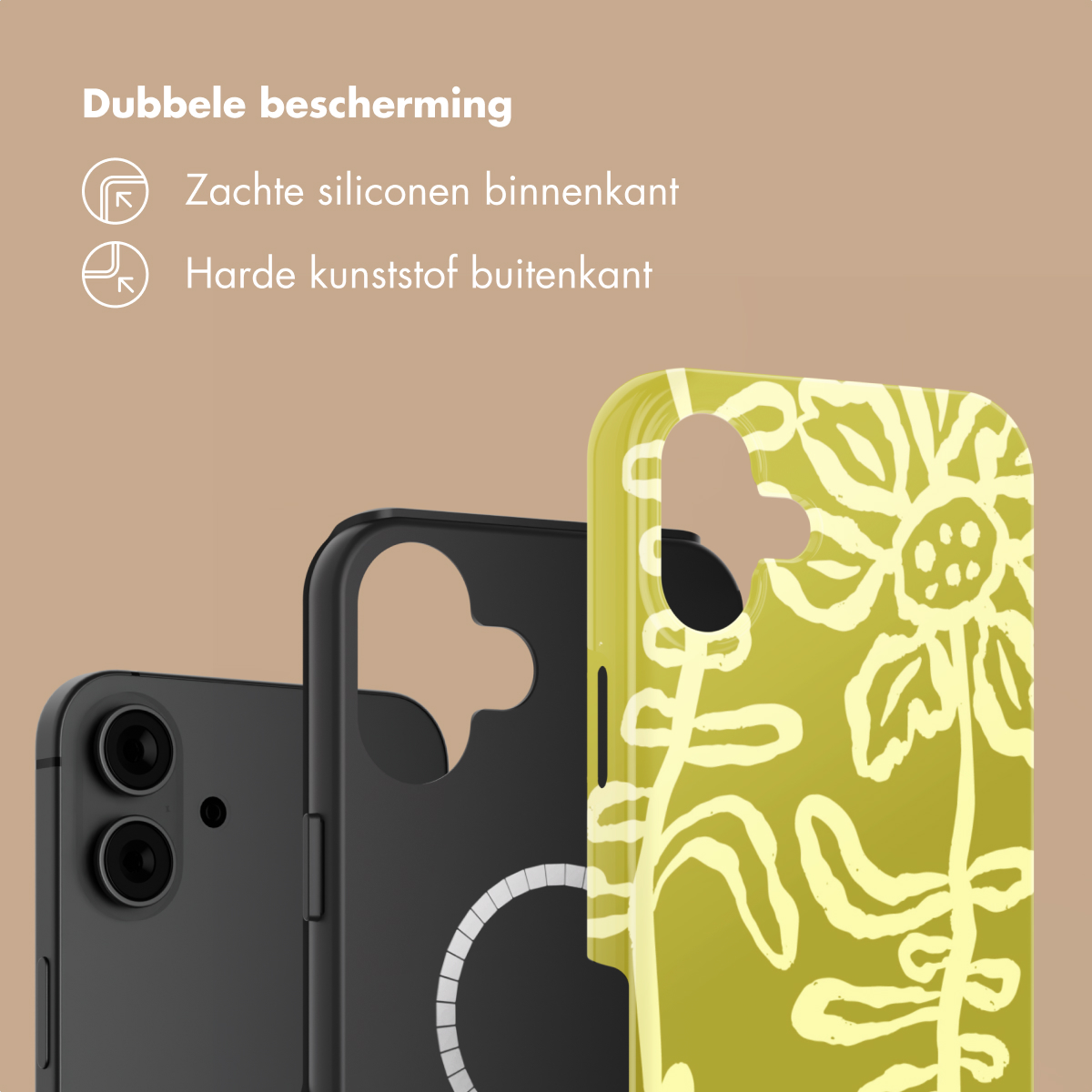 Due custodie per telefono, una nera e una con motivo floreale giallo.