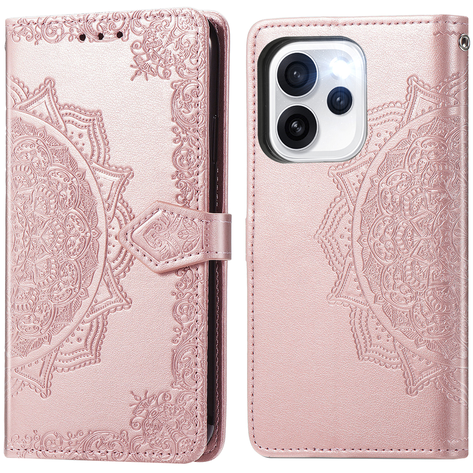 Een roségouden telefoonhoesje met reliëf mandala-ontwerp, open en gesloten getoond.