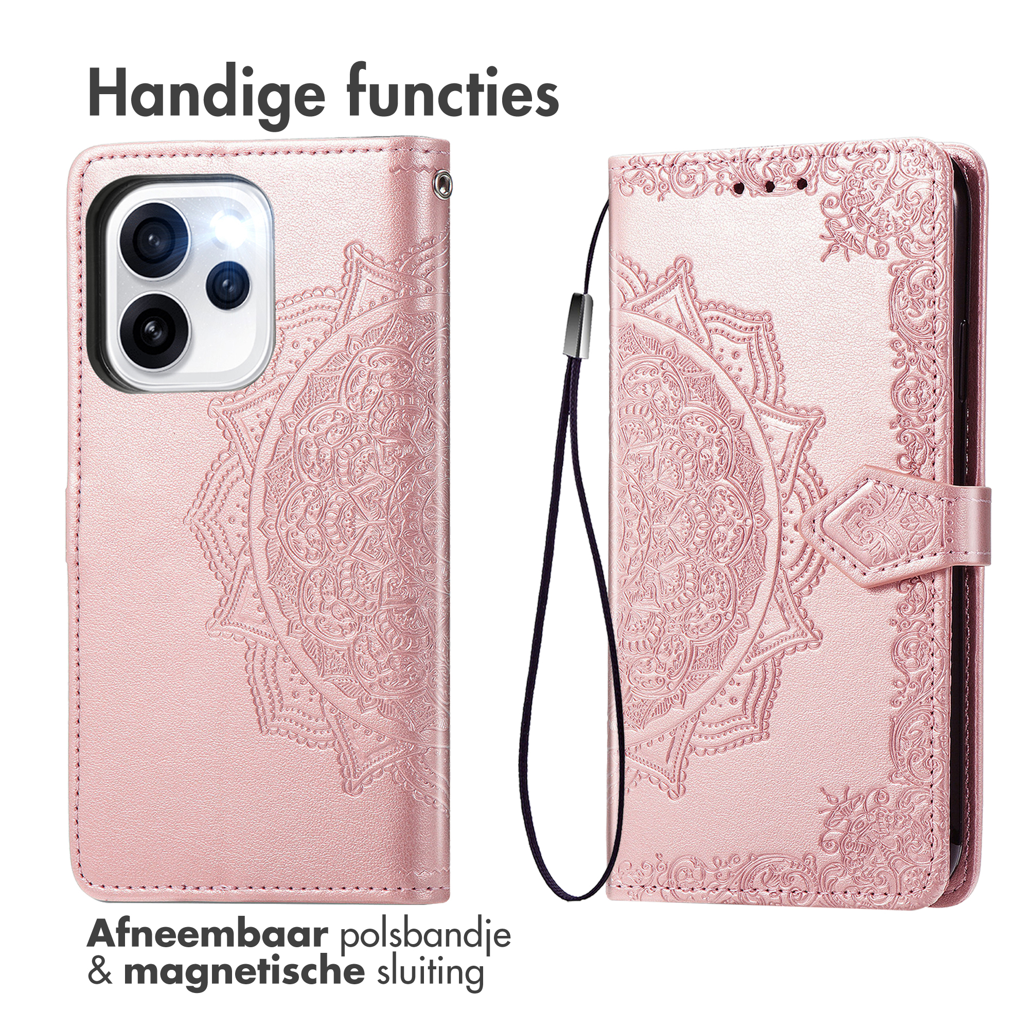 Roze telefoonhoes met mandala patroon, camera-eiland en polsbandje.