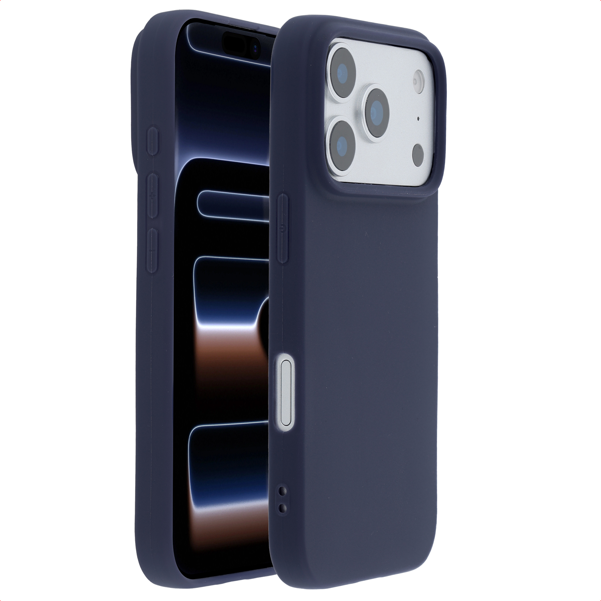 Donkerblauwe iPhone hoes met drie camera's aan de achterkant.
