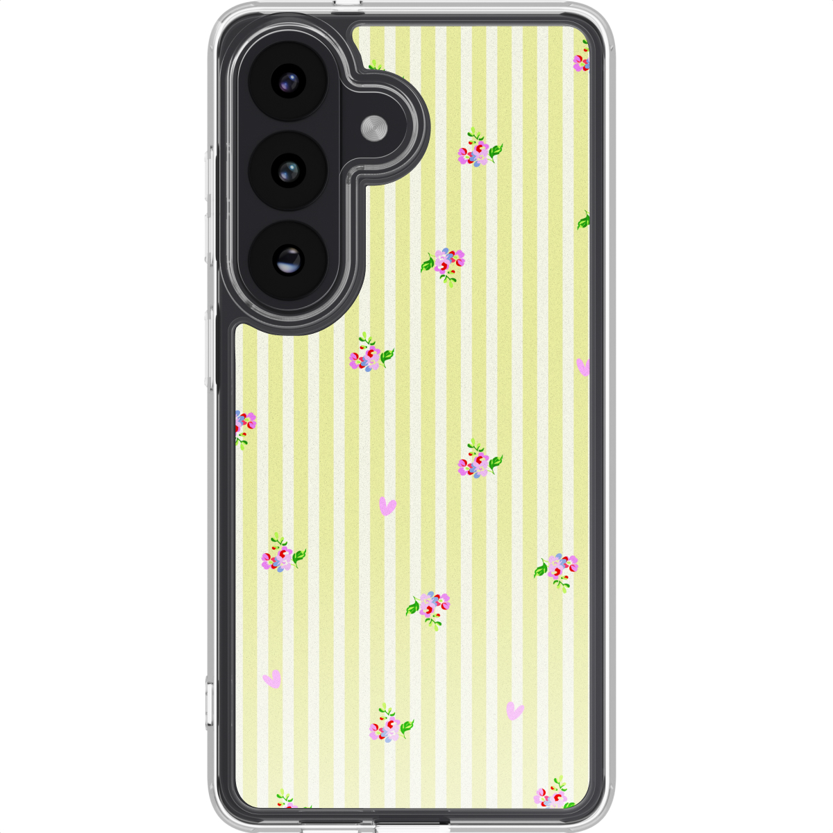 Una cover per telefono giallo chiaro con strisce bianche e piccolo motivo floreale.