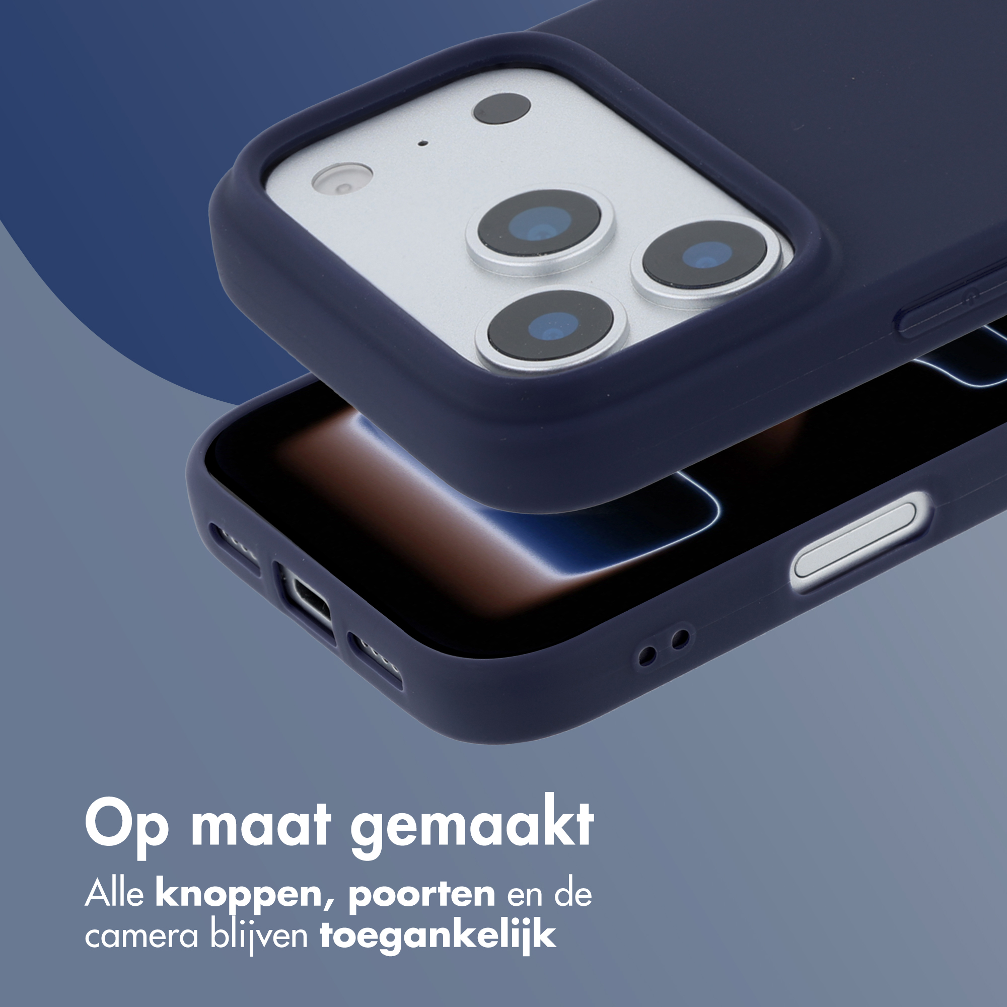 Donkerblauwe telefoonhoes met cameramodule en oplaadpoort.