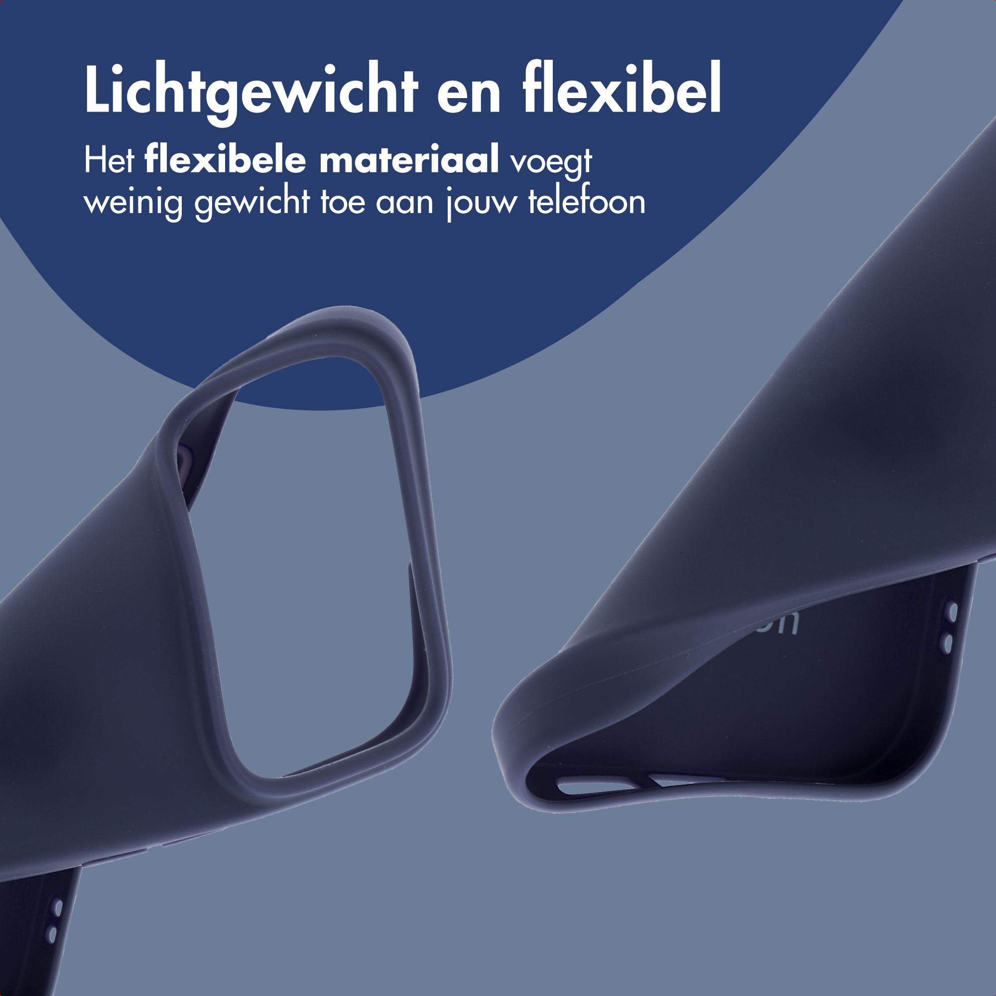 Donkerblauwe telefoonhoes, lichtgewicht en flexibel, met tekst.