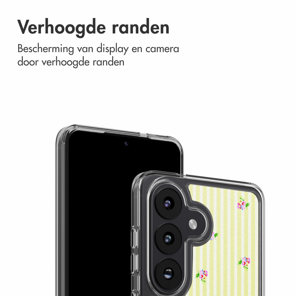 Uno smartphone con cover a righe gialle e fiori.