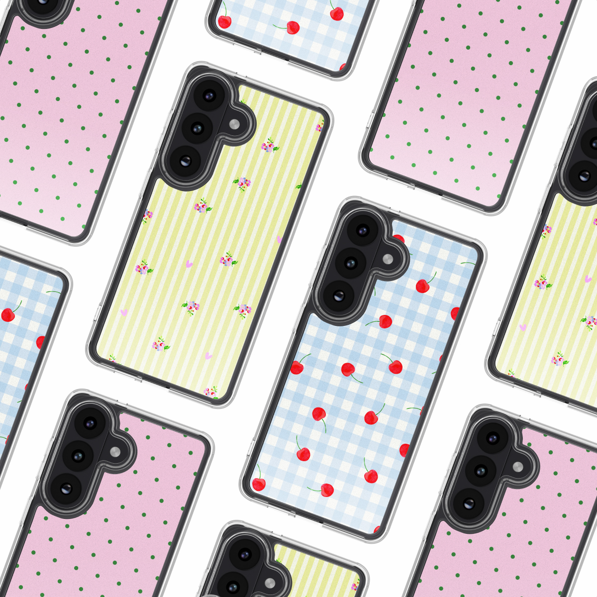 Assortimento cover per telefono: pois rosa, fiori a righe gialle, quadretti ciliegia blu.