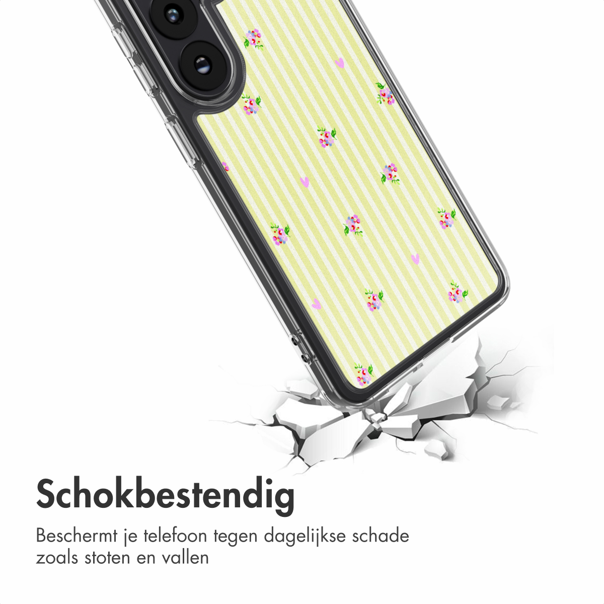Una custodia per telefono a righe gialle e fantasia floreale cade sulle crepe.